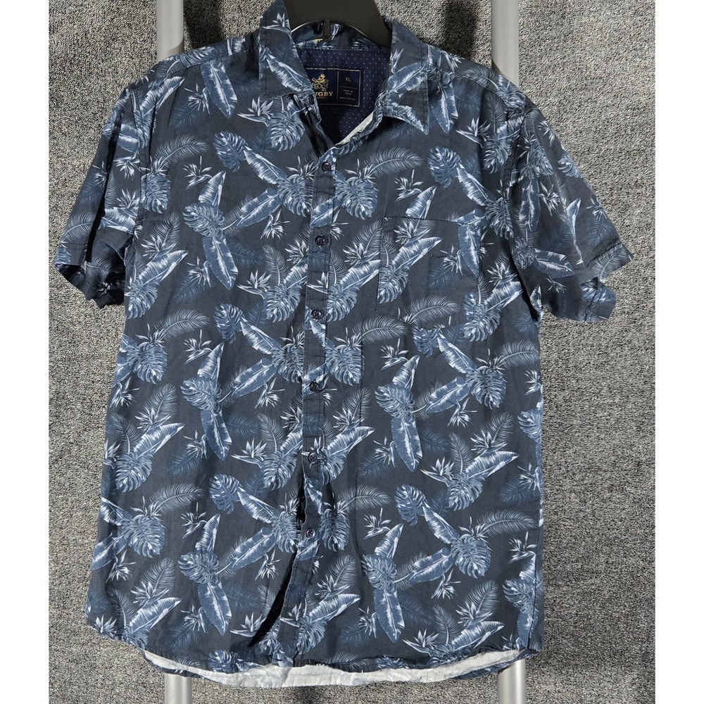Rugby University Mens XL Navy Blue Tropical Palm Leaf Cotton Button Down Shirt